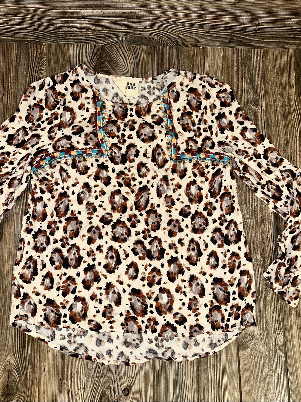 Savanna Jane Cream Leopard Print Blouse with Turquoise Trim Balloon Sleeves L